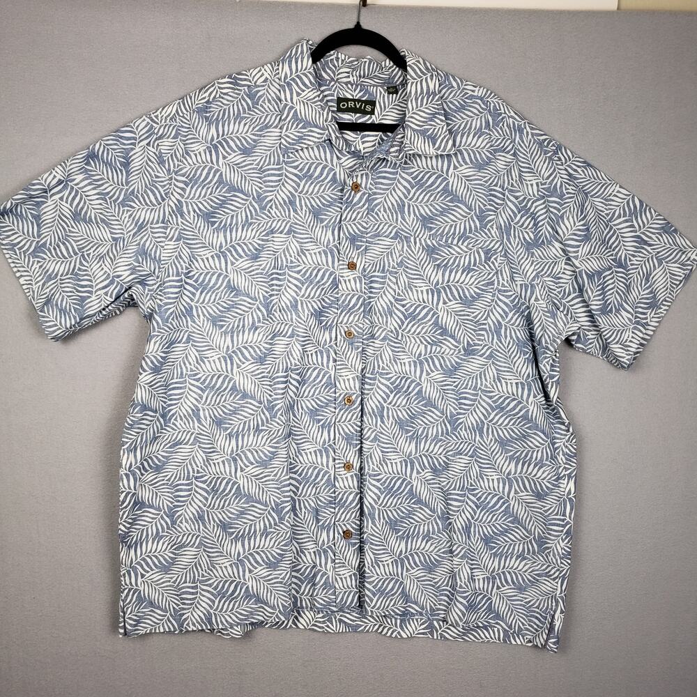 Orvis Men's XL‎ Palm Print Hawaiian Shirt Blue 100% Cotton Cabana Vacation Beach